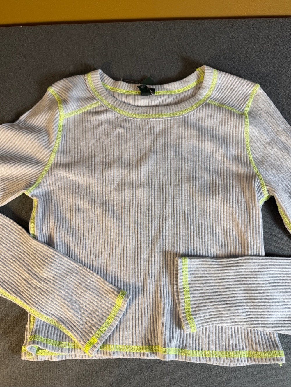 wild fable Light Gray Ribbed Long-Sleeve Top with Neon Yellow Stitching